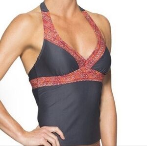 ATHLETA Ventana Bra Cup Halter Tankini Swim Top Gray Orange Paisley 34 B/C Beach